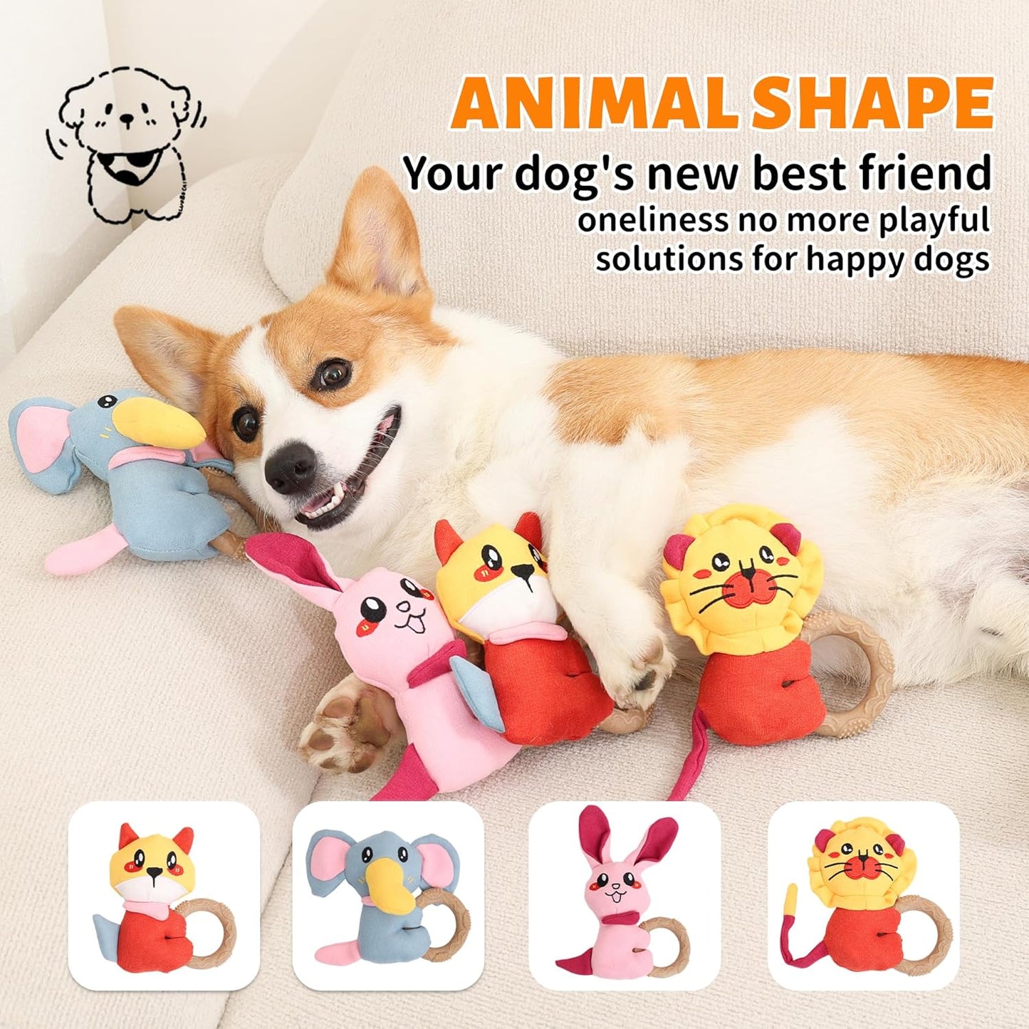 4-Pack Puppy Teething Toys, Dog Squeaky Toy to Keep Them Busy, Stuffed Toy with TPR Ring, Durable Dog Chew Toys for Small Breed