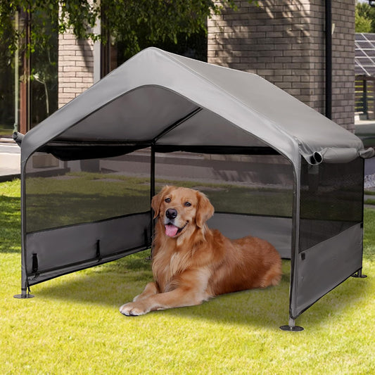 Summertrail Extra Large Dog House Outside, Dog Tent Outdoor, Big Dog Shade Shelter Doghouse Canopy with Three-Sided Breathable Mesh Windows, Gray Sun Rain Cover for Pet Cat Livestock 4'x 4'x 3.3'