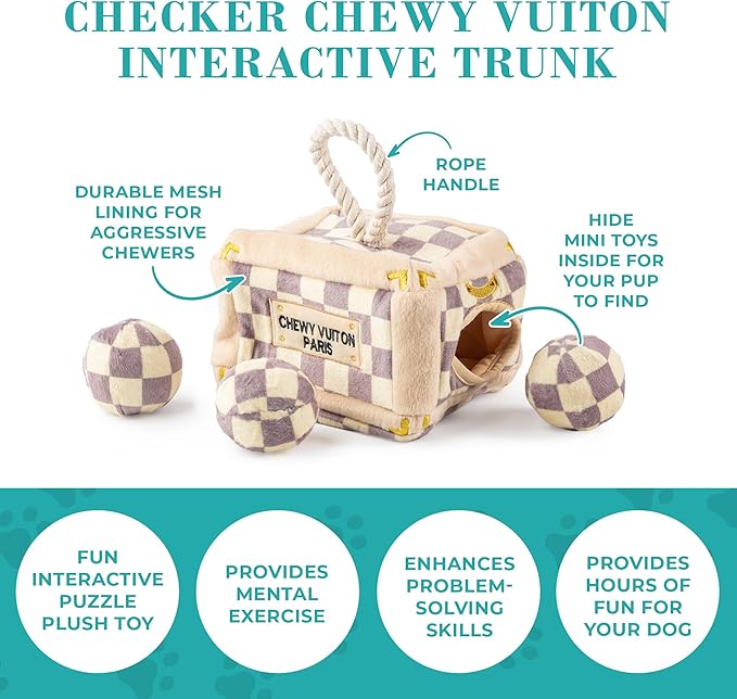 Haute Diggity Dog Checker Chewy Vuiton Trunk Activity House, Plush Designer Dog Toys with Interactive Squeaker, Stimulating Pet Enrichment, Machine-Washable & Safe Materials for All Breeds, One Size