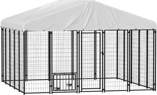 PawHut 10' x 10' x 6.8' Outdoor Dog Kennel, Welded Wire Dog Kennel Outside Run with 360° Rotating & 4 Level Adjustable Bowls, Waterproof & UV Resistant Cover, for S&M&L Breeds, Chickens, Ducks, Silver