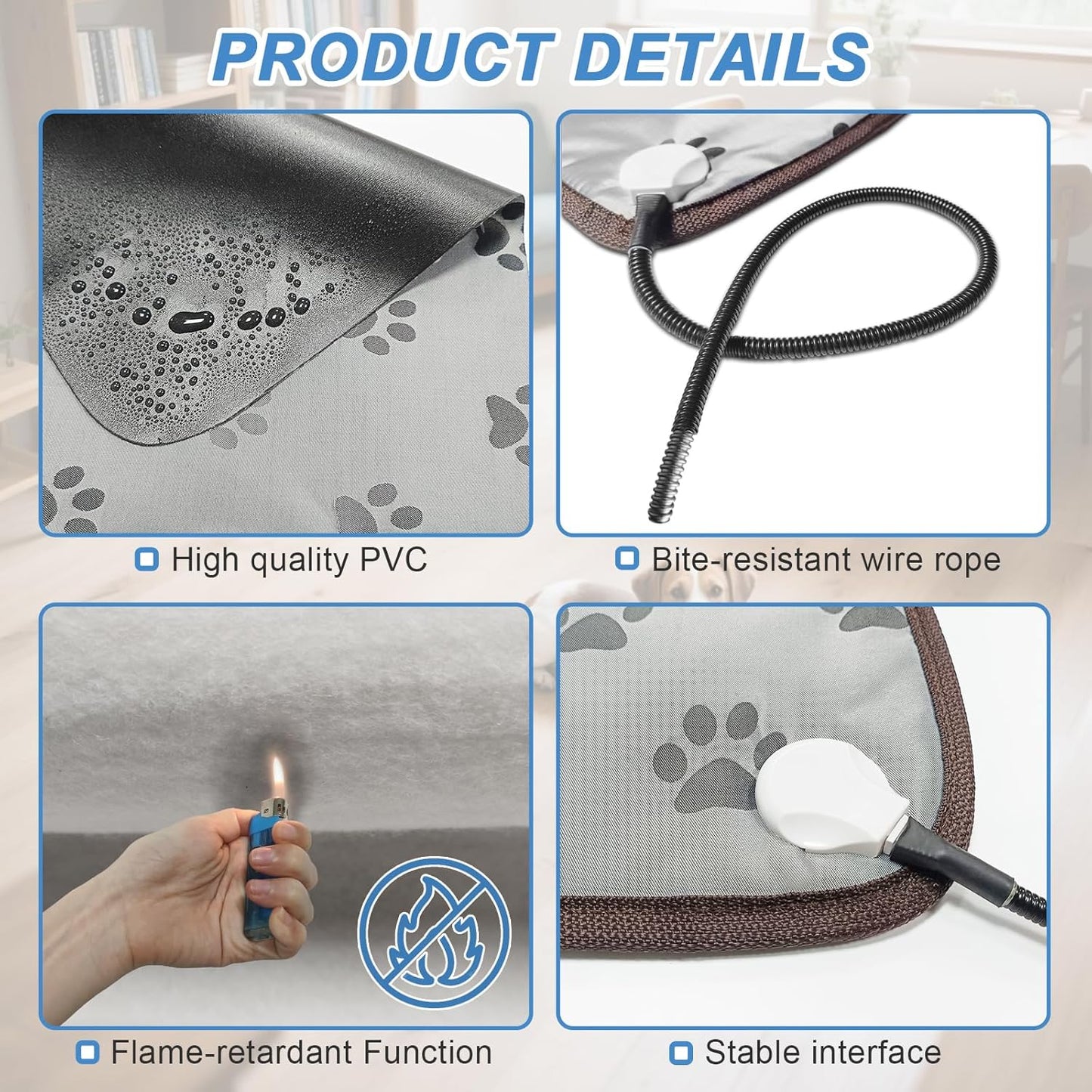 Bestio Heated Dog Bed 34x21in New Smart Thermostatic Switch with Constant-On Functionality UL & MET Dual Certified, Puppy Bed with Steel Cable Protection Tube - Blue