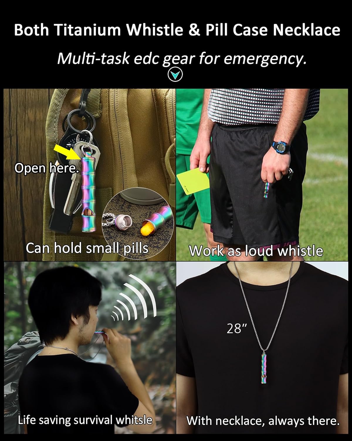Titanium Pill Holder Necklace for Men Women Emergency Whistle Mini Keychain Nitro Pill Case with Loud Whistles EDC Safety Backpacking Survival Hiking Camping Pets Training