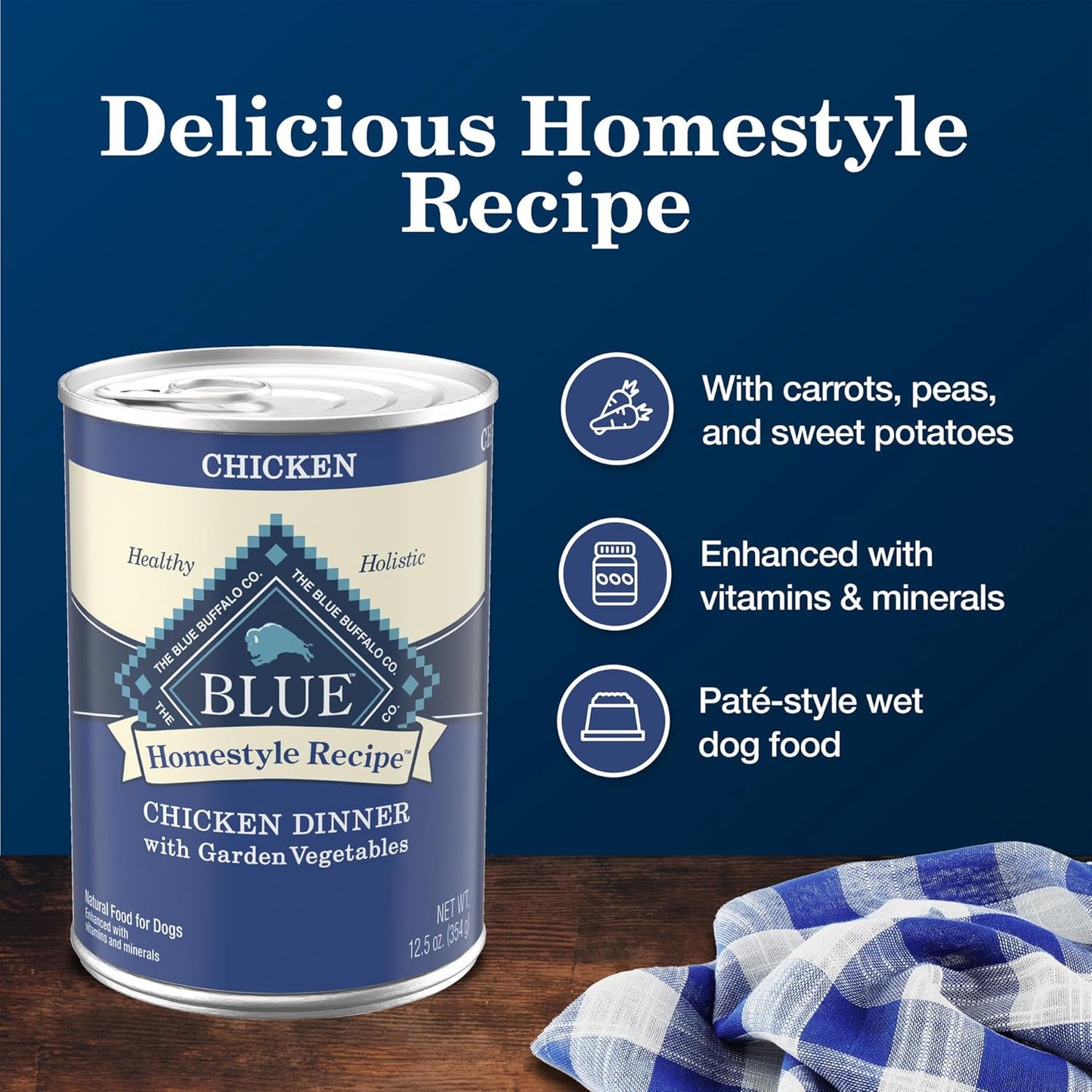 Blue Buffalo Homestyle Recipe Adult Wet Dog Food, Made with Natural Ingredients, Chicken Dinner With Garden Vegetables, 12.5-oz Can (Pack of 12)