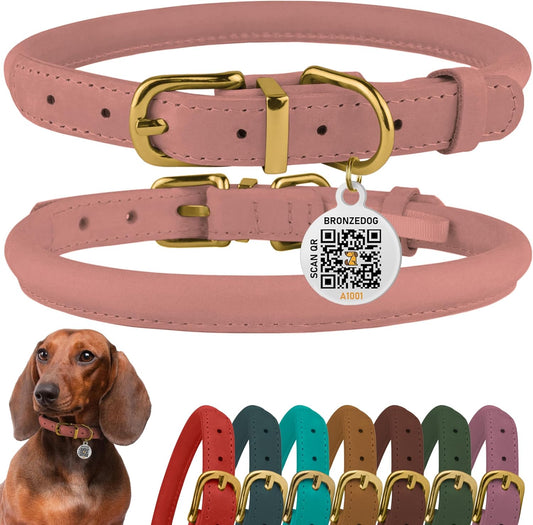 BronzeDog Rolled Leather Dog Collar with QR ID Tag, Adjustable Soft Round Collars for Small Medium Large Dogs Puppy (14" - 16" Neck Size, Blush)
