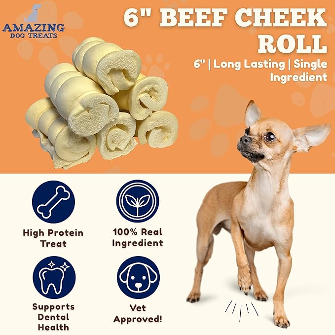 Amazing Dog Treats - Beef Cheek Rolls (6 Inch Regular - 4 Pcs) - No Hide - Safe Rawhide Alternative Dog Chew - Great for Power Chewers - Long Lasting Dog Chew - No Splinters - Retriever Rolls For Dogs
