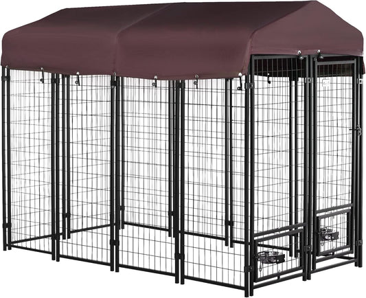 PawHut 8' x 4' x 6' Outdoor Dog Kennel with Rotating Bowl Holders, Walk-in Pet Playpen, Welded Wire Steel with Water and UV-Resistant Canopy, Red