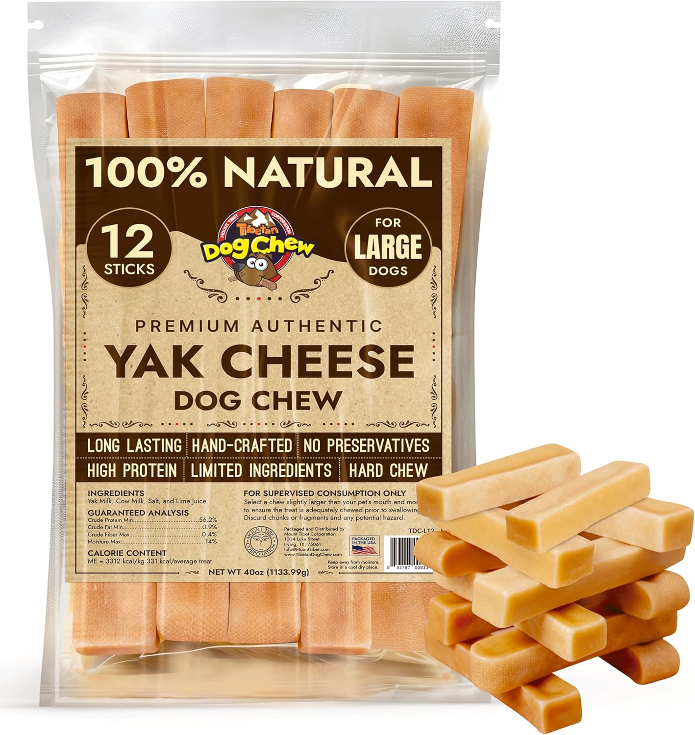 Tibetan Dog Chew Yak Cheese Sticks (12 Large Chews) - Handmade Treats for Aggressive Chewers, Easy to Digest, No Additives, Rawhide, Grains, or Gluten - Ideal Dog Toy and Travel Bag Companion