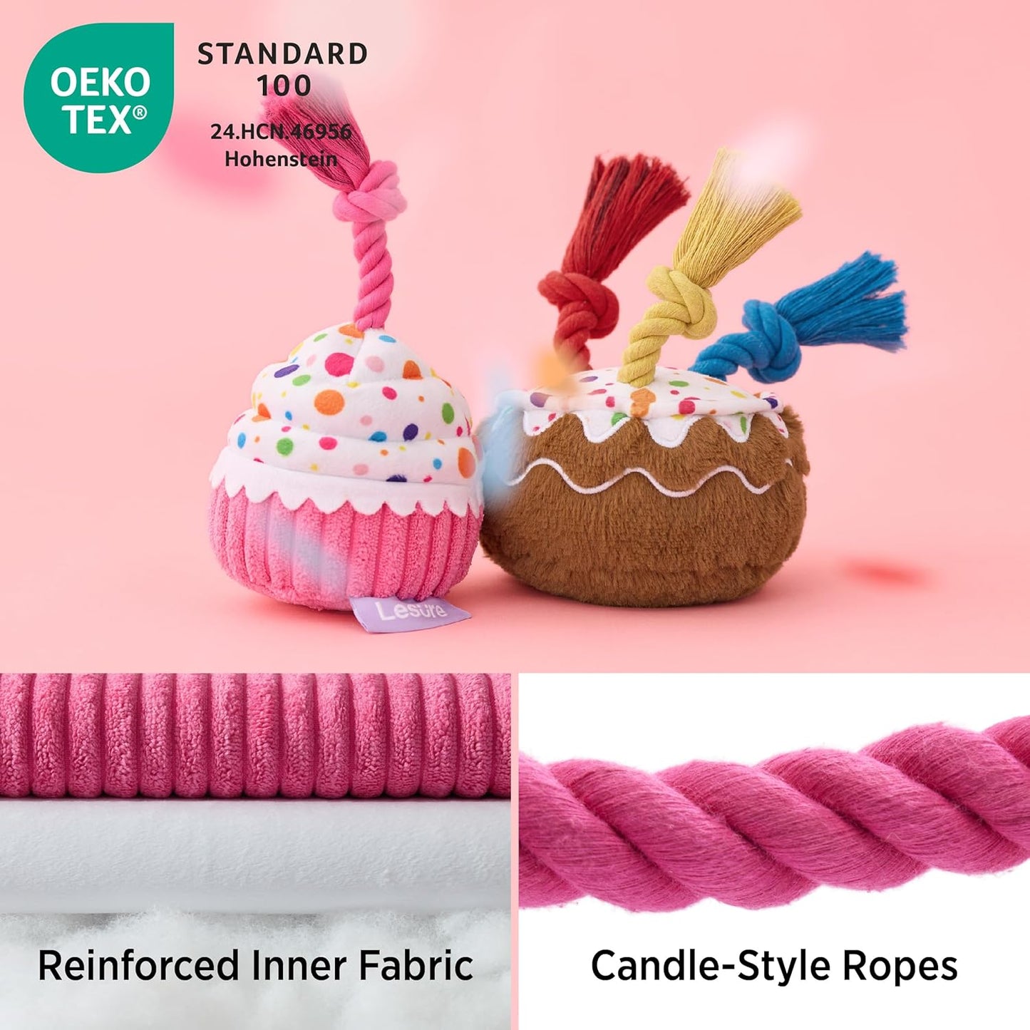 LE SURE Dog Birthday Cake Toy - Cute Squeaky Dog Toy for Gentle Chewers with Interactive Tug Rope, Plush Interactive Toy for Adult Dogs Birthday Party, Standard, Pink