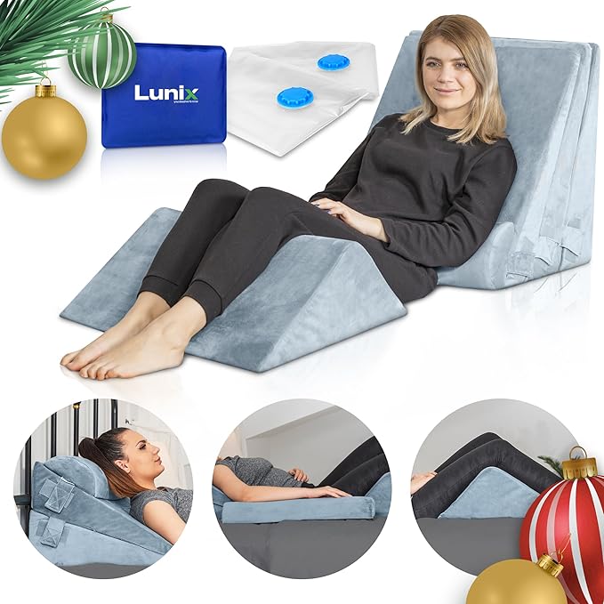 Lunix 5pcs Orthopedic Bed Wedge Pillow Set for Sleeping – Adjustable Post Surgery Back, Leg & Knee Support, Acid Reflux & GERD Relief, Memory Foam Head Pillows, with Hot/Cold Pack, Gray