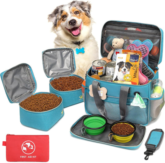 Dog Travel Bag for Traveling| Week Away/Overnight Dog Travel Accessories with Multi-Function Pockets|Pet Travel Set for Dog and Cat|Ideal Dog Diaper Bag and Dog Travel Kit(Sea Blue)