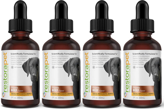 RestoraPet 4-Pack Dog & Cat Beef Liquid Multivitamin | Dog Arthritis Pain Relief | Hip & Joint Vitamins for Dogs - Anti Inflammatory Supplement for Dogs & Cats | Organic & Non-GMO, Vet Approved
