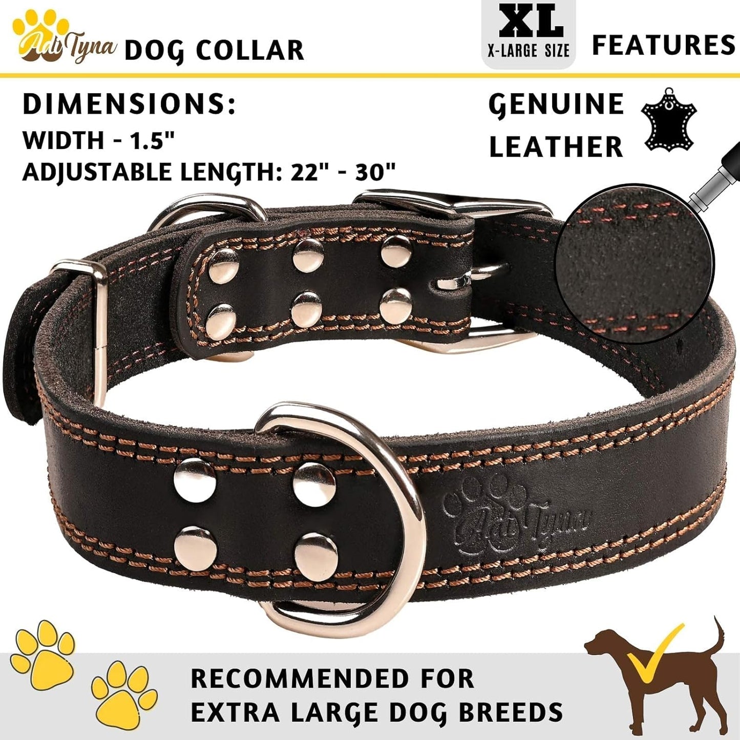 ADITYNA Heavy Duty Leather Dog Collar for Extra-Large Dogs - Soft and Strong Black Leather Collar for XL Breeds (Extra-Large: Fit 22" - 30" Neck, Black)
