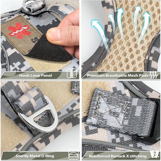 XS Dog Harness Tactical Style, No Pull Military Service Dog Vest with Vertical Handle, Outdoor Training Small Puppy Vest Chihuahua Harness (Camo Grey, XS)