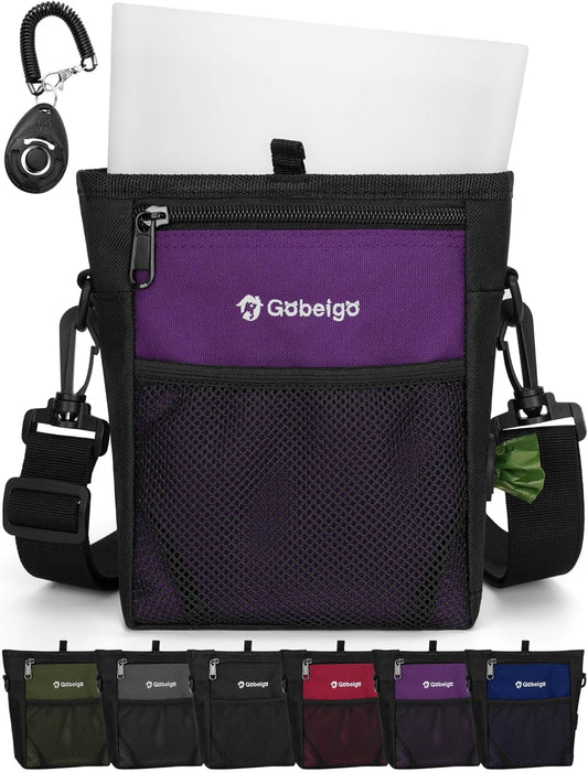 Gobeigo Dog Treat Pouch with Silicone Snack Bag, Front Pocket fits All Phones, 4 Cup Treat Bag with Training Clicker, Upgrade Stronger Magnetic Closure, 3 Ways to Wear Walking Fanny Pack (Purple)