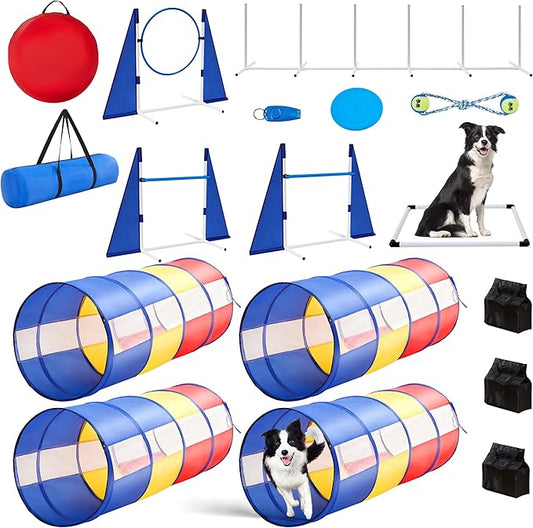 Dog Agility Training Equipment,Course Backyard Set Training Equipment for Dogs Pet Outdoor Game with Yellow, Blue and Red Tunnel, Agility Hurdle, Poles, Jump Ring, Pause Box, Toy Balls and Storage Bag