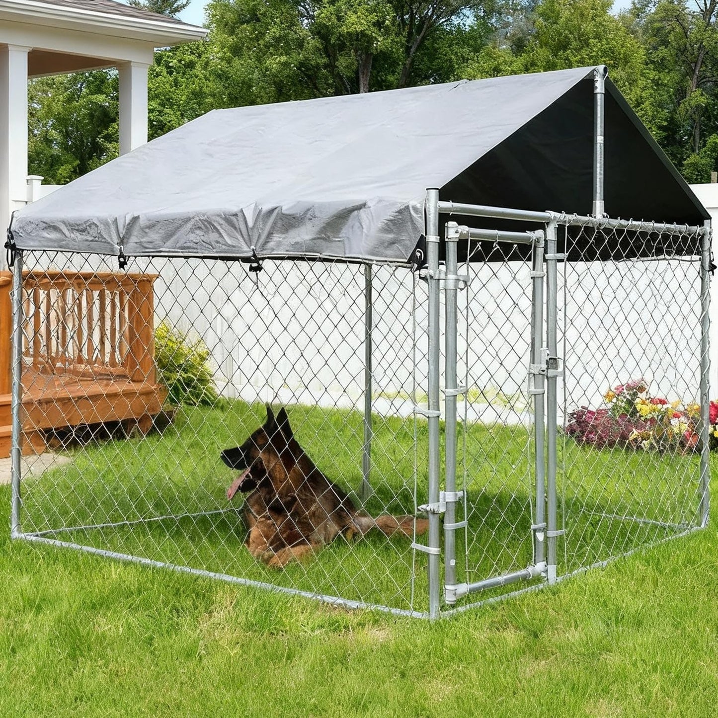 6.8x6.8ft Large Dog Kennel Outdoor, Heavy-Duty Outside Dog Kennel with Roof, Security Latch-Lock Door, Chain-Link Dog Enclosure Dog Run for Yard with Cover