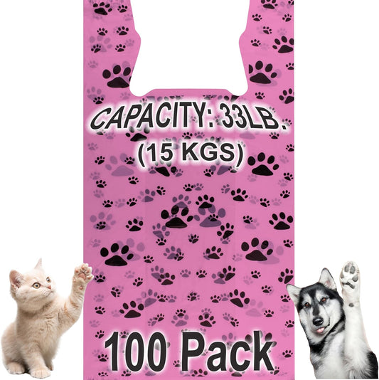 T-Shirt Bags – Paw Print Design Pink Color - 100 Pack - Thank You & Shopping Bags - Cat or Dog - 22" L x 12" W x 7" Plastic