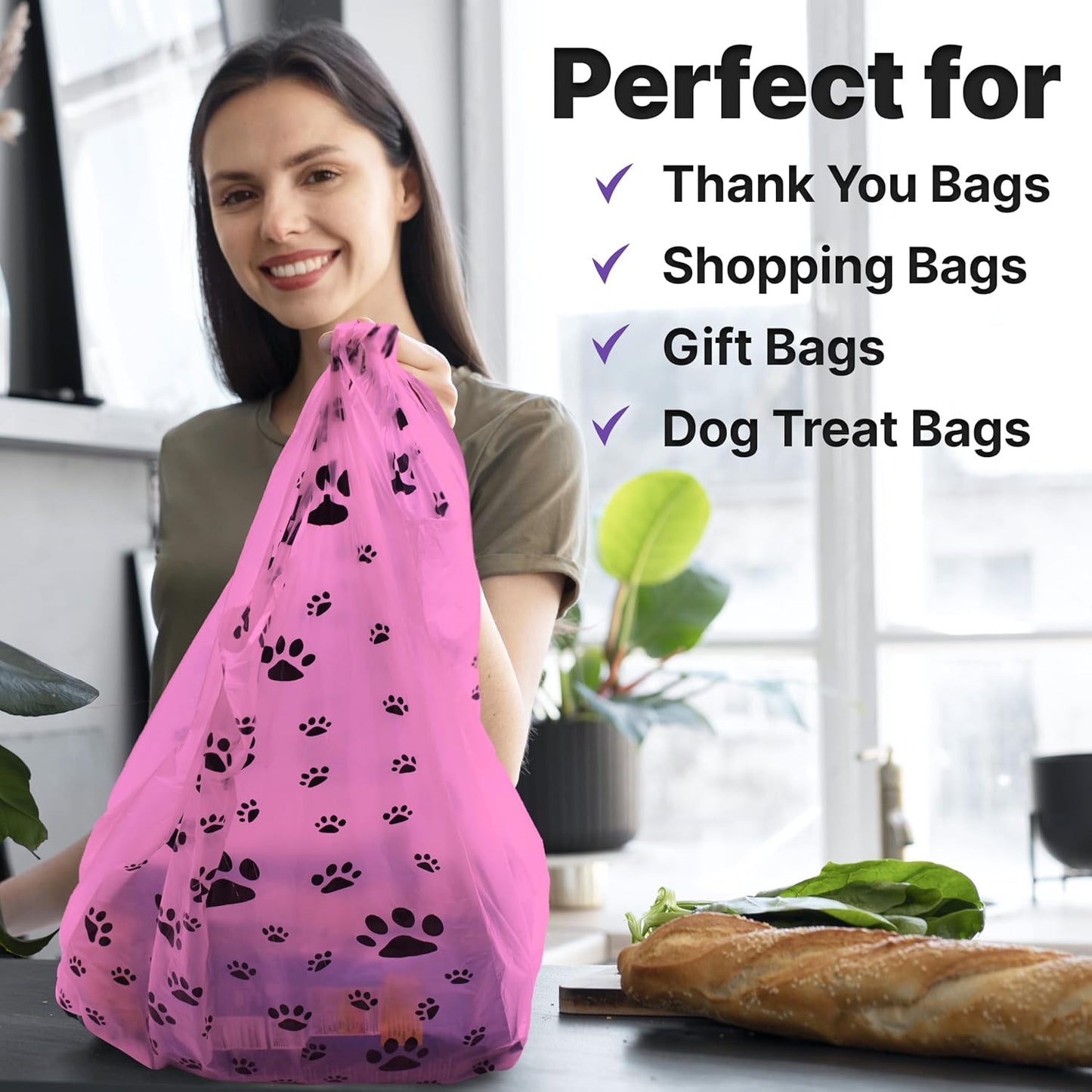 T-Shirt Bags – Paw Print Design Pink Color - 100 Pack - Thank You & Shopping Bags - Cat or Dog - 22" L x 12" W x 7" Plastic