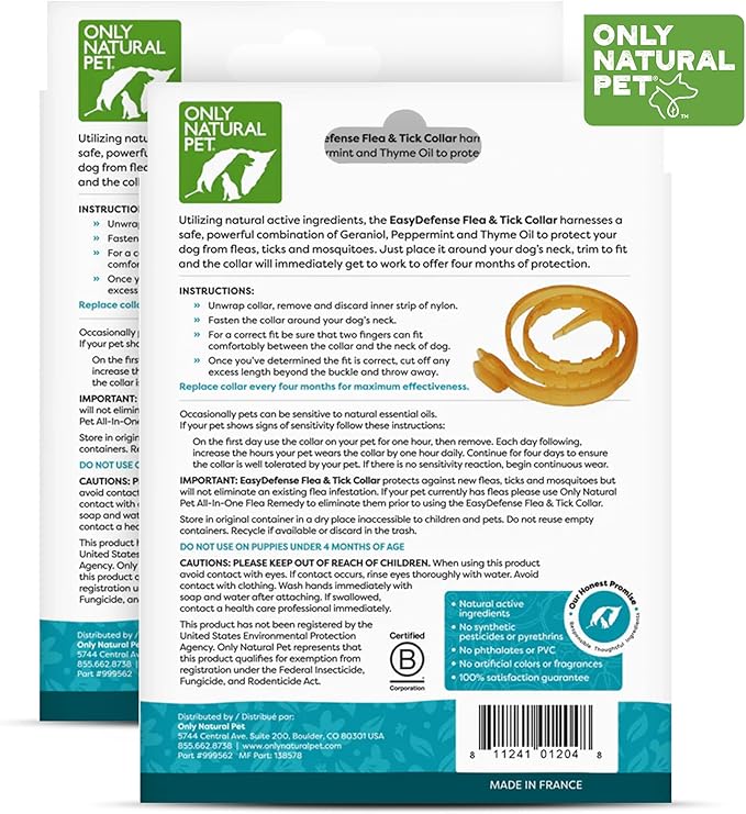 Only Natural Pet EasyDefense Flea & Tick Dog Collar - Canine Flea Control Collars - One Size Fits All - Pet Care That Protects up to 4 Months - for Dogs (2 Packs)