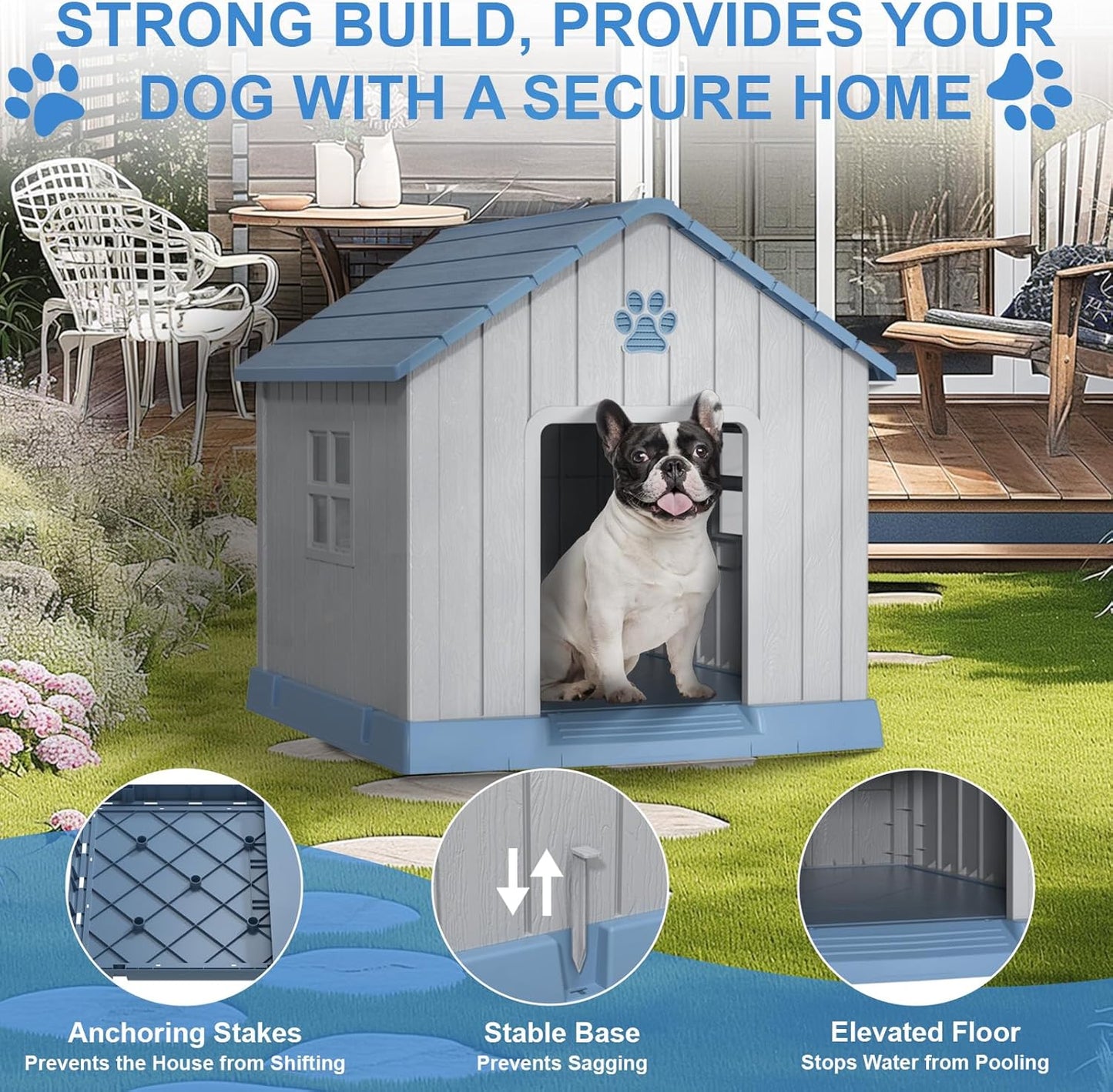 31'' Dog House Outdoor Indoor, Durable Waterproof Plastic Kennel for Small to Large Dogs, Easy Assembly with Air Vents and Elevated Floor (31.2''L x 33.5''W x 32.5''H, Blue)