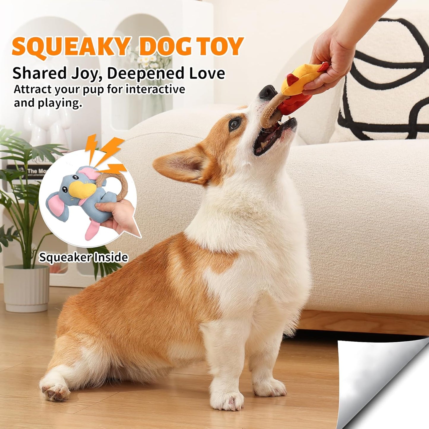 4-Pack Puppy Teething Toys, Dog Squeaky Toy to Keep Them Busy, Stuffed Toy with TPR Ring, Durable Dog Chew Toys for Small Breed