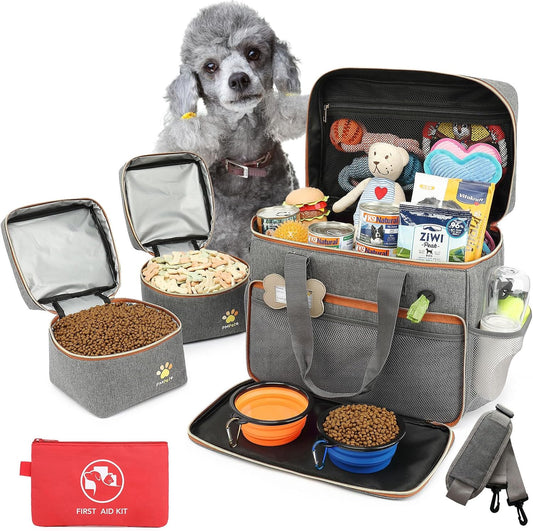Dog Travel Bag for Week Away/Overnight Trips - Multi-Function Pockets, Ideal Dog Diaper Bag & Travel Kit (Grey)