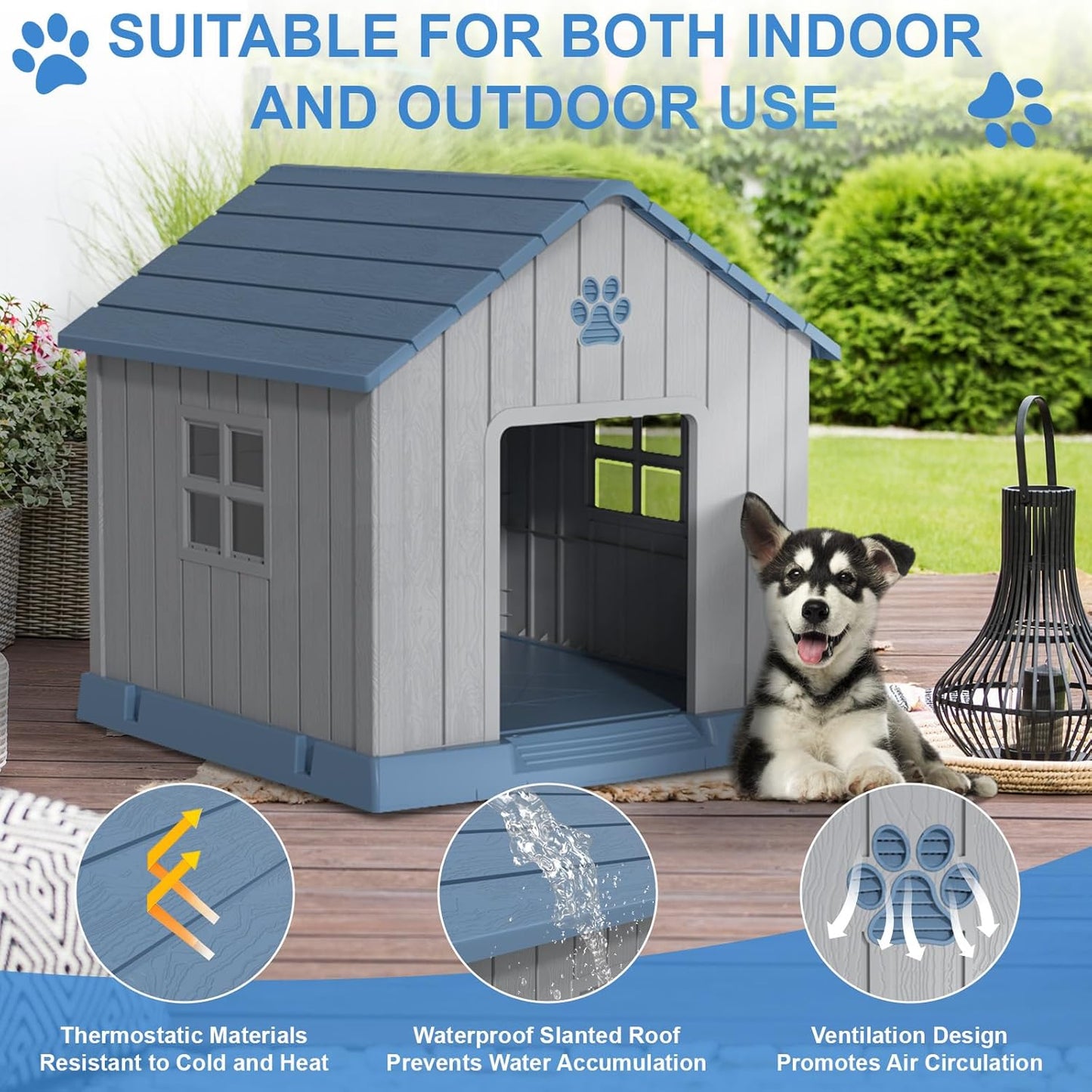 31'' Dog House Outdoor Indoor, Durable Waterproof Plastic Kennel for Small to Large Dogs, Easy Assembly with Air Vents and Elevated Floor (31.2''L x 33.5''W x 32.5''H, Blue)