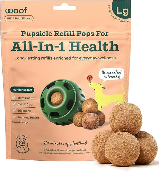 WOOF Pupsicle Refill Pops for All-in-1 Health - Long-Lasting Multivitamin Refills for The Pupsicle Toy - with Vitamins A, B, D, Iron, Magnesium, and Fiber - Large Pops - 7 Count