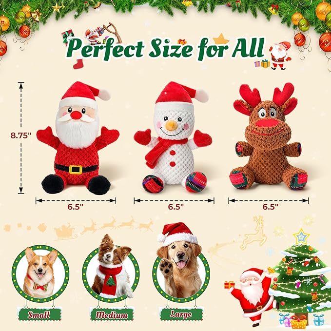 Christmas Dog Toys Set - 3 Pack Durable Squeaky Dog Toys for Small, Medium & Large Dogs, Soft Plush Santa, Reindeer & Snowman Gift for Pets