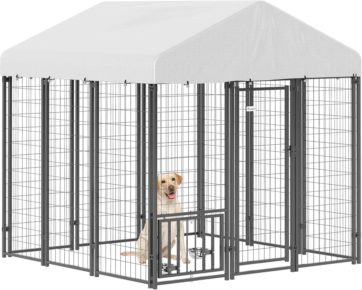 PawHut 6' x 6' x 6' Outdoor Dog Kennel, Welded Wire Dog Kennel Outside Run with 360° Rotating & 4 Level Adjustable Bowls, Waterproof & UV Resistant Cover, for S&M&L Breeds, Chickens, Ducks, Silver
