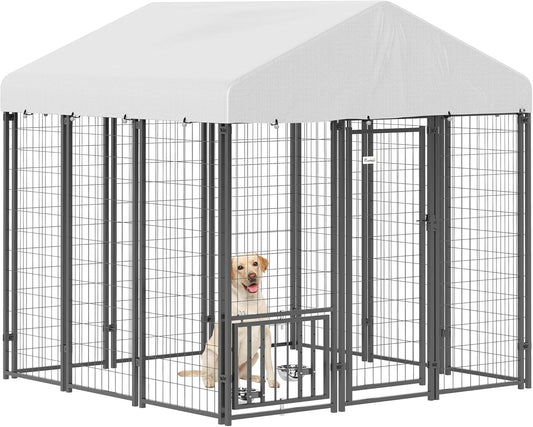 PawHut 6' x 6' x 6' Outdoor Dog Kennel, Welded Wire Dog Kennel Outside Run with 360° Rotating & 4 Level Adjustable Bowls, Waterproof & UV Resistant Cover, for S&M&L Breeds, Chickens, Ducks, Silver