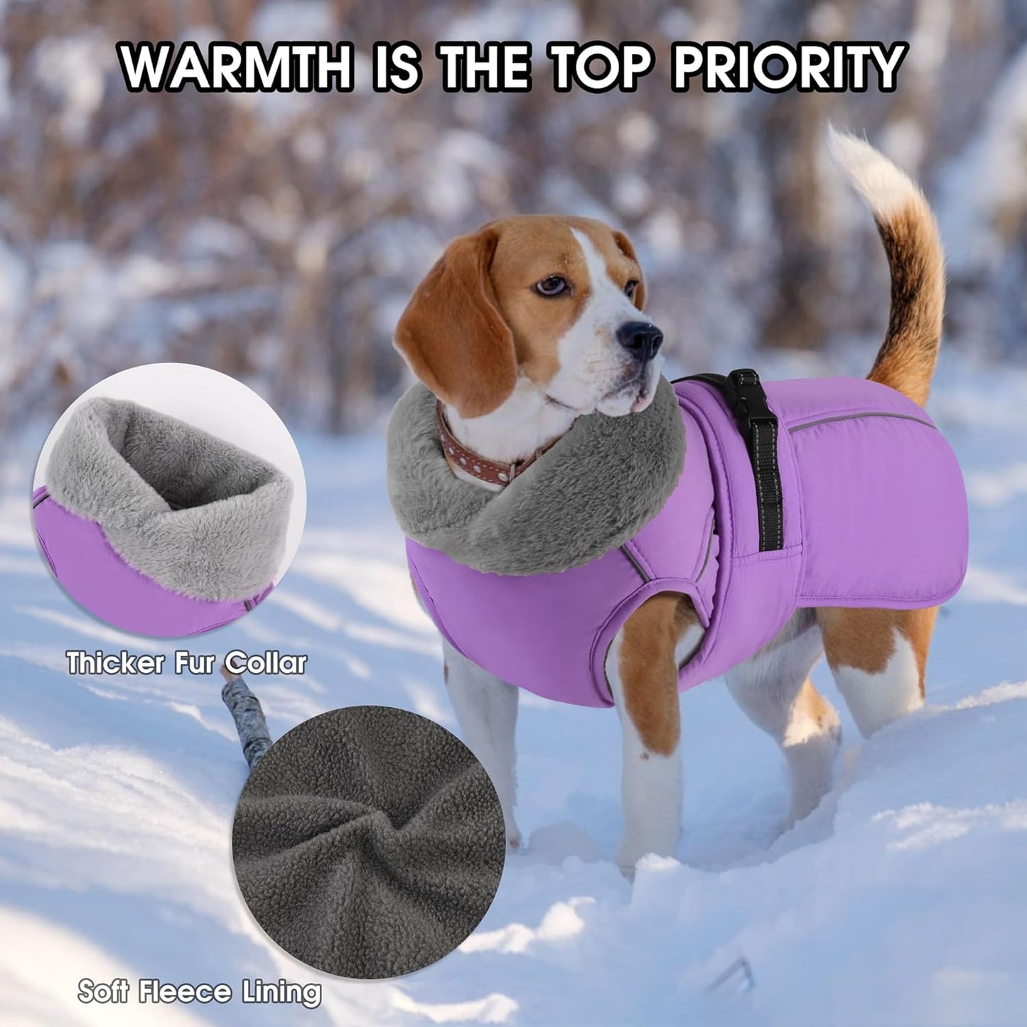 PETDSH Dog Coat Large, Windproof Dog Jacket with Warm Fleece Lining, Thickened Collar Dogs Winter Coat, Adjustable Reflective Pet Coats for Cold Weather (Purple, XX-Large)