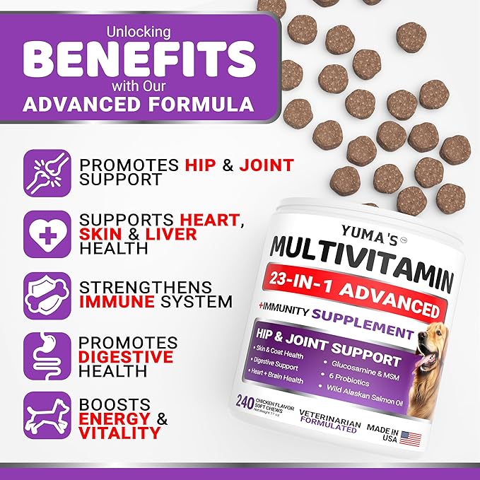 Dog Multivitamin Chewable with Glucosamine - 240 Treats - Dog Vitamins and Supplements - Senior & Puppy Multivitamin for Dogs - Hip & Joint Support - Immune Health, Skin, Heart, Digestion, Probiotics