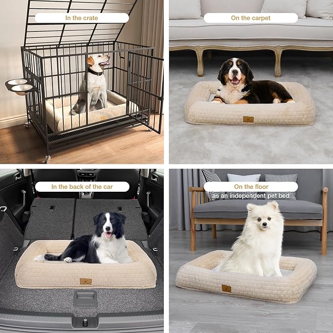 Plush Orthopedic Dog Bed for Medium Large Dogs, Memory Foam Bolster Sofa Bed with Removable Washable Cover, Waterproof Lining & Non-Slip Bottom (Tan-M)