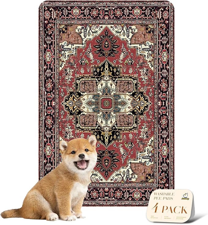 nunubaby 4PACK Washable Pee Pads for Dogs, Stylish, Non-Slip and Leak-Proof Pee Pads. Reusable Potty Pads for Dogs for Crates and Floors.(Red/Rect, 24" x36" )