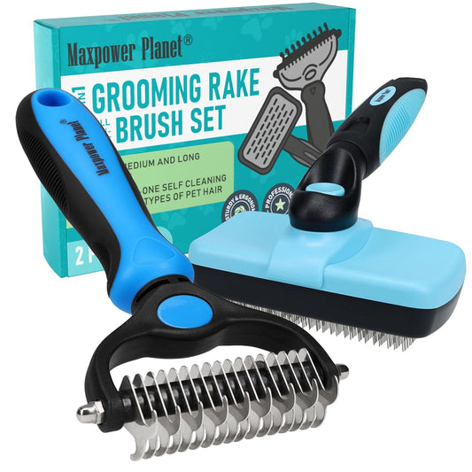Maxpower Planet Dog Rake and Dog Hair Brush - Gently Removes Loose Undercoat, Mats and Tangled - Deshedding Grooming Tool for Dogs & Cats - Self Cleaning Slicker Brush - All Hair Types