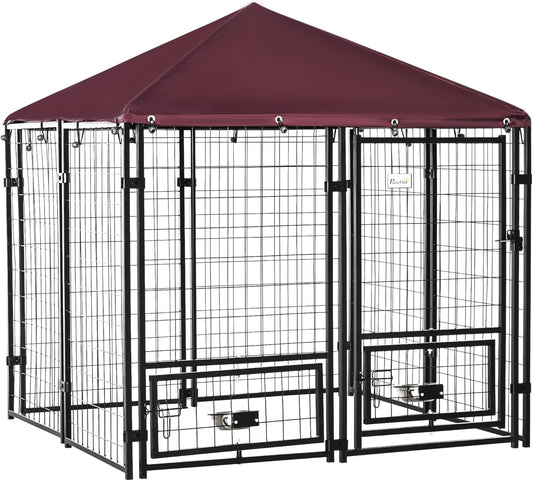 PawHut 4.6' x 4.6' x 5' Outdoor Dog Kennel, Welded Wire Dog Kennel Outside Run with 360° Rotating Bowls, Waterproof & UV Resistant Cover, for S&M Breeds, Chickens, Ducks, Red