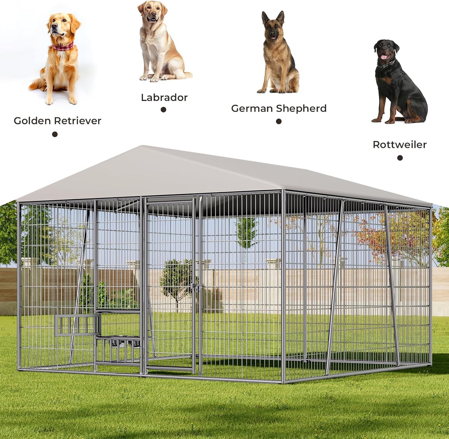 10 x 10 x 7FT Large Outdoor Dog Kennel with Large Feeding Bowls, Dog Kennel Outside with Roof, Galvanized Heavy Duty Chain Link Outdoor Dog Run Cage with Cover and Secure Lock