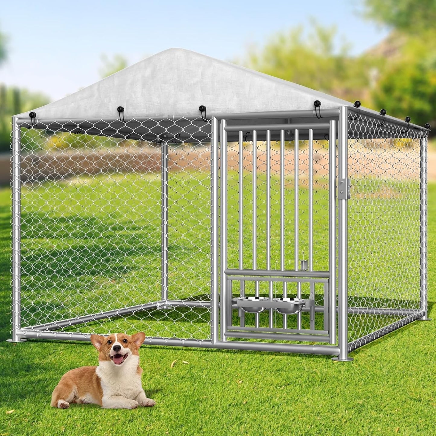 Rovibek 6.7'×6.7' Outdoor Dog Kennel with Roof, Outside Dog Kennel with Waterproof Sunproof Cover, Dog Kennels Outdoor and Enclosure with 2 Stainless Steel Bowls