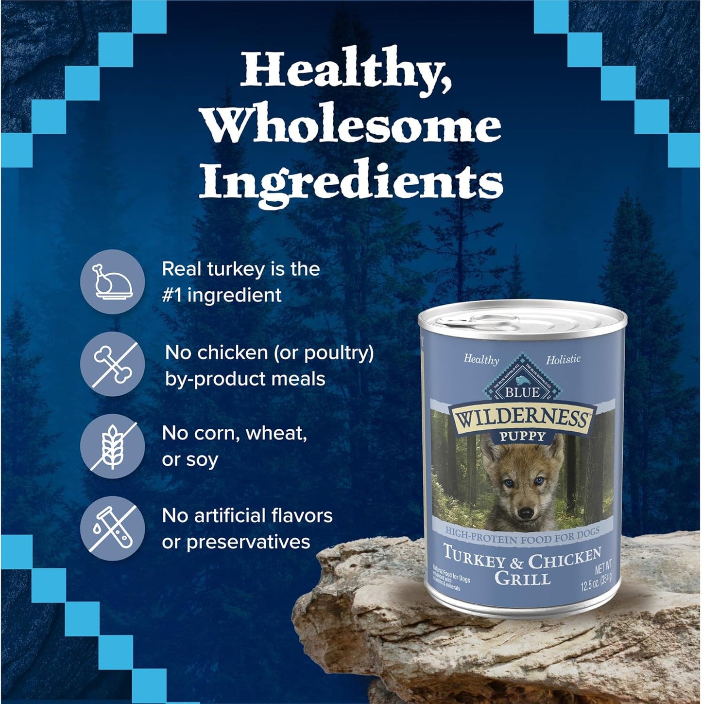 Blue Buffalo Wilderness Natural High-Protein & Grain-Free Wet Food for Puppies, Turkey & Chicken, 12.5-oz. Cans, 12 Count