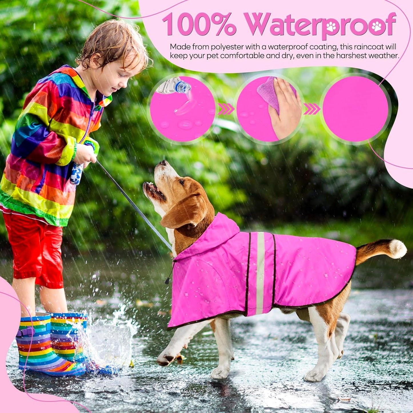 Weesiber Dog Raincoat, Waterproof Dog Rain Jacket Hooded Poncho Slicker, Lightweight Pet Rain Coat for Walking (M, Pink)
