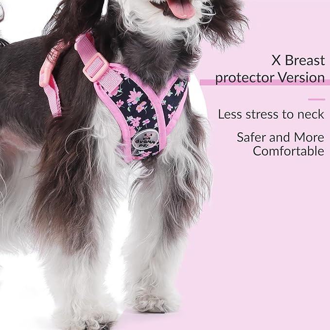Patas Lague Dog Harness with Leash Set Adjustable Soft Padded Step-in Dog Vest No Choke No Pull Reflective for Medium Pets with Poop Bags and Dispenser, Solid and No-chew, Floral Pink L