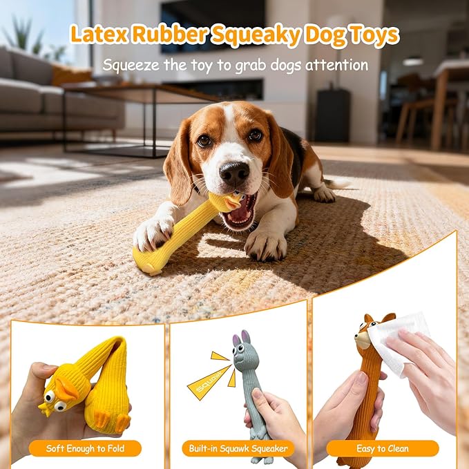 Latex Squeaky Dog Toys, 3 Pack Soft Rubber Dog Chew Toys, 8.7" Standing Stick Animal Pet Toy to Keep Them Busy, Interactive Fetch Squeak Toy for Puppy Small Medium Dogs