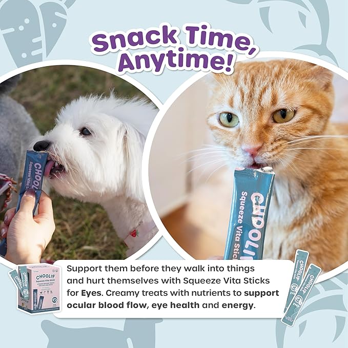 Choolip Squeeze Vita Stick Lickable Cat and Dog Treats – 49-Count Eye Support Sticks with Multivitamins, Soft Squeezable Paste for All Life Stages, Supporting Eye Health