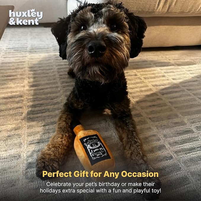 Huxley & Kent Funny Dog Toys w/Squeaker & Crinkle -Stimulating & Interactive Chew Toy for Dogs - Mesh Lined Stuffed Toy - Easy to Clean for All Breeds (Bad Dog Jack's Whiskey,Small)