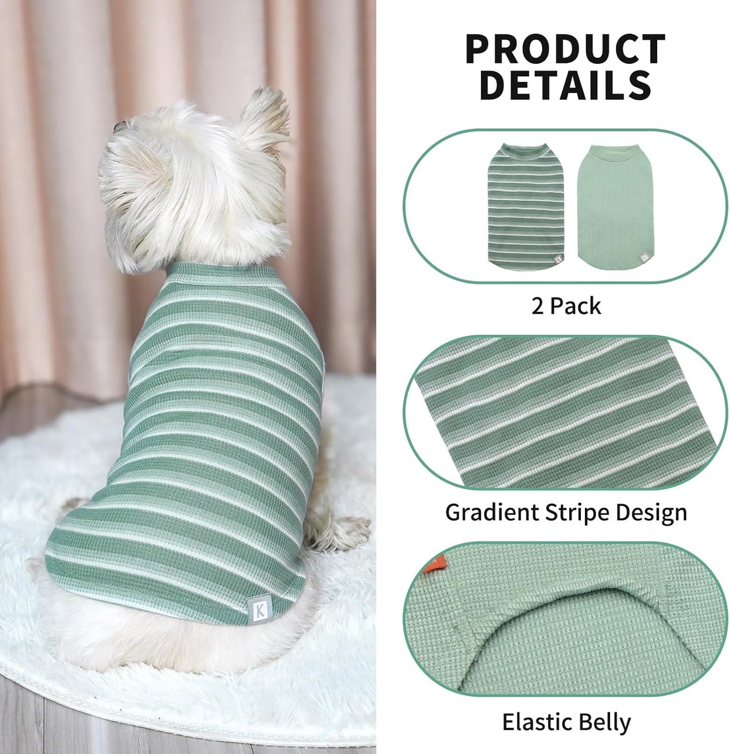 KYEESE 2Pack Waffle Dog Shirts for Small Dogs Stretchy Dog T-Shirts Lightweight Pet Tank Top Sleeveless Striped Pet Shirt Vest Breathable Cat Shirt, Small, Green+Striped