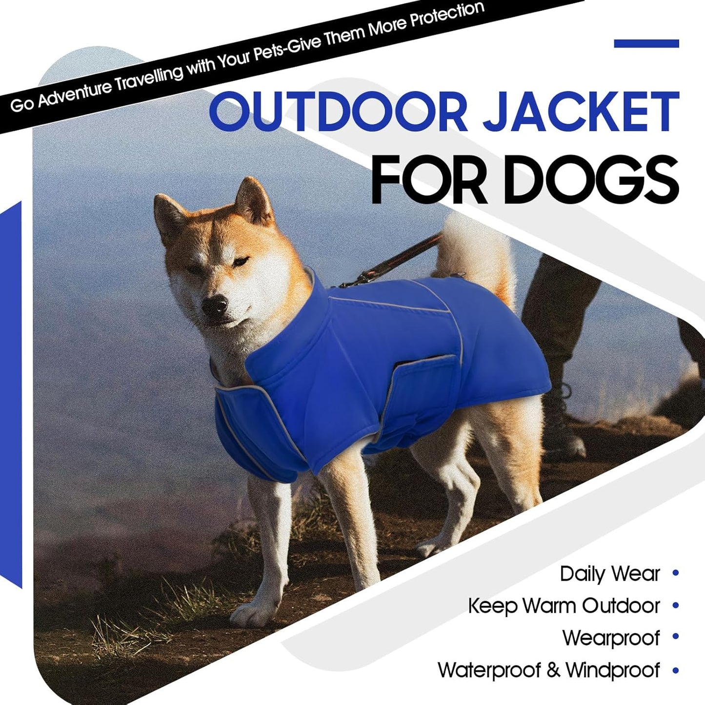 ROZKITCH Dog Rain Jacket, Waterproof Jacket with Fleece Liner and Leash Hole Reflective Strip for Small Medium Dog, Adjustable Winter Coats Poncho Vest for Outdoor Hiking Travel Blue M