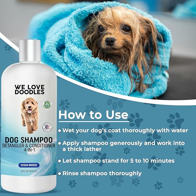 Dog Shampoo, Conditioner & Detangler-Best Shampoo for Goldendoodles, Poodles & Doodles Pet Hair -Hypoallergenic, Tearless, Sensitive Skin for Puppies & All Dog Breeds -Made in USA,16OZ (Ocean Breeze)