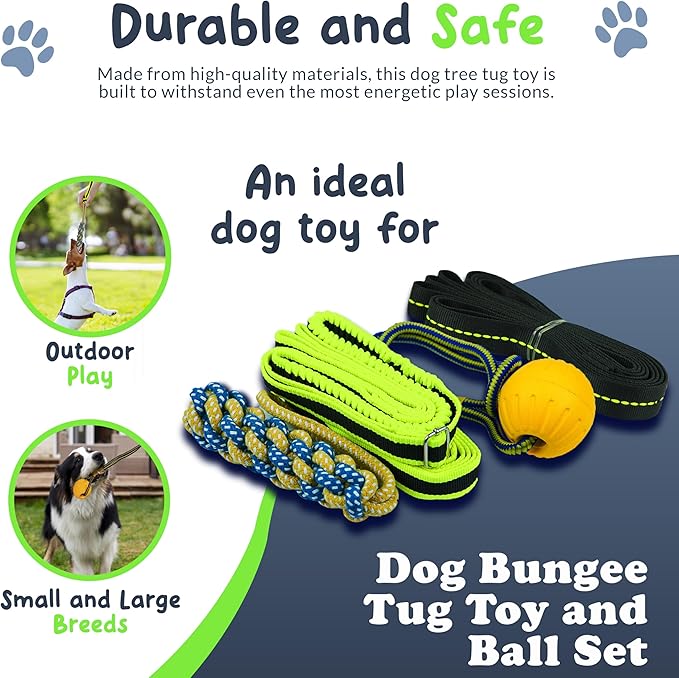 Tree Rope Toy for Dogs - Bungee Tug Toy for Small to Large Breeds - Outside Entertainment and Exercise Hanging Dog Toys Tug of War with Chew Rope and Ball Set (Reflective)