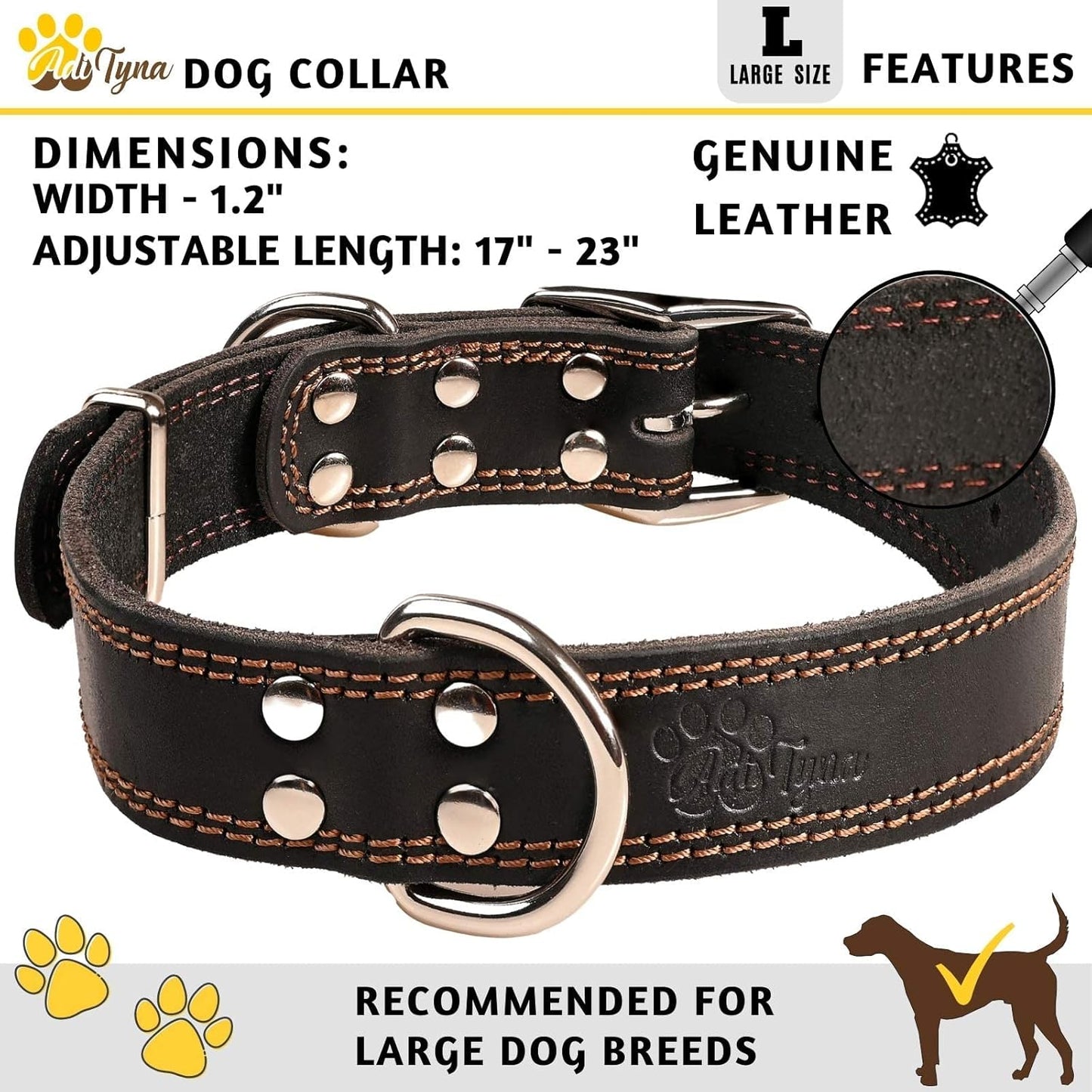 ADITYNA Heavy Duty Leather Dog Collar for Large Dogs - Soft and Strong Black Leather Collar for Walking and Training (Large: Fit 17" - 23" Neck, Black)